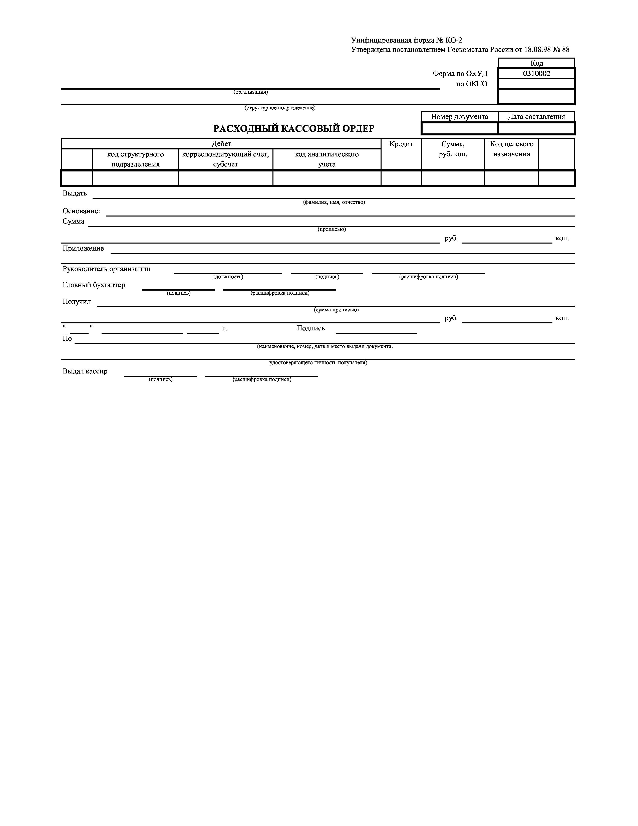 Форма ко 2 расходный кассовый ордер образец заполнения