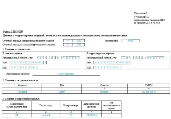 Сзв корр образец