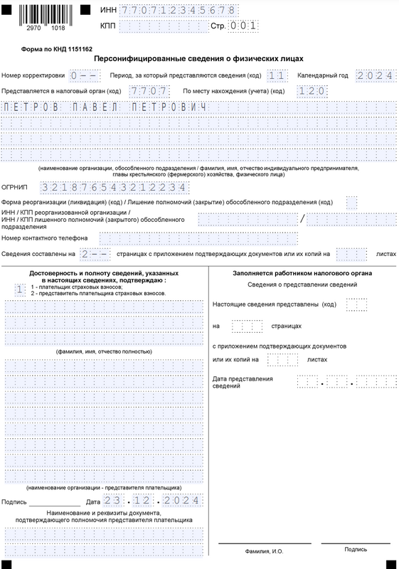 Бланк отчёта персонифицированные сведения о физических лицах — титульный лист за ноябрь 2024